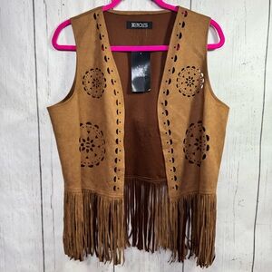 Relish Noless Faux Suede Fringe Vest Brown Boho Festival Western Hippie Retro